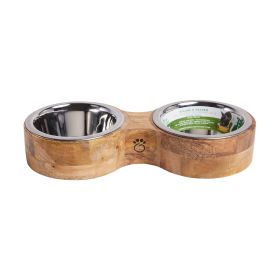 Mango wood double feeder w/ 2 Stainless Steel Insert bowls - Natural (Color: Natural, size: S)