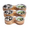 Mango wood double feeder w/ 2 Stainless Steel Insert bowls - Natural